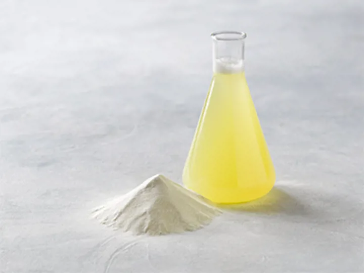 Flask with liquid egg product and powder symbolizing de-sugaring with MAXAPAL™GO4 enzyme to prevent browning and improve solubility, offered by SANOVO PROCESS SOLUTIONS.