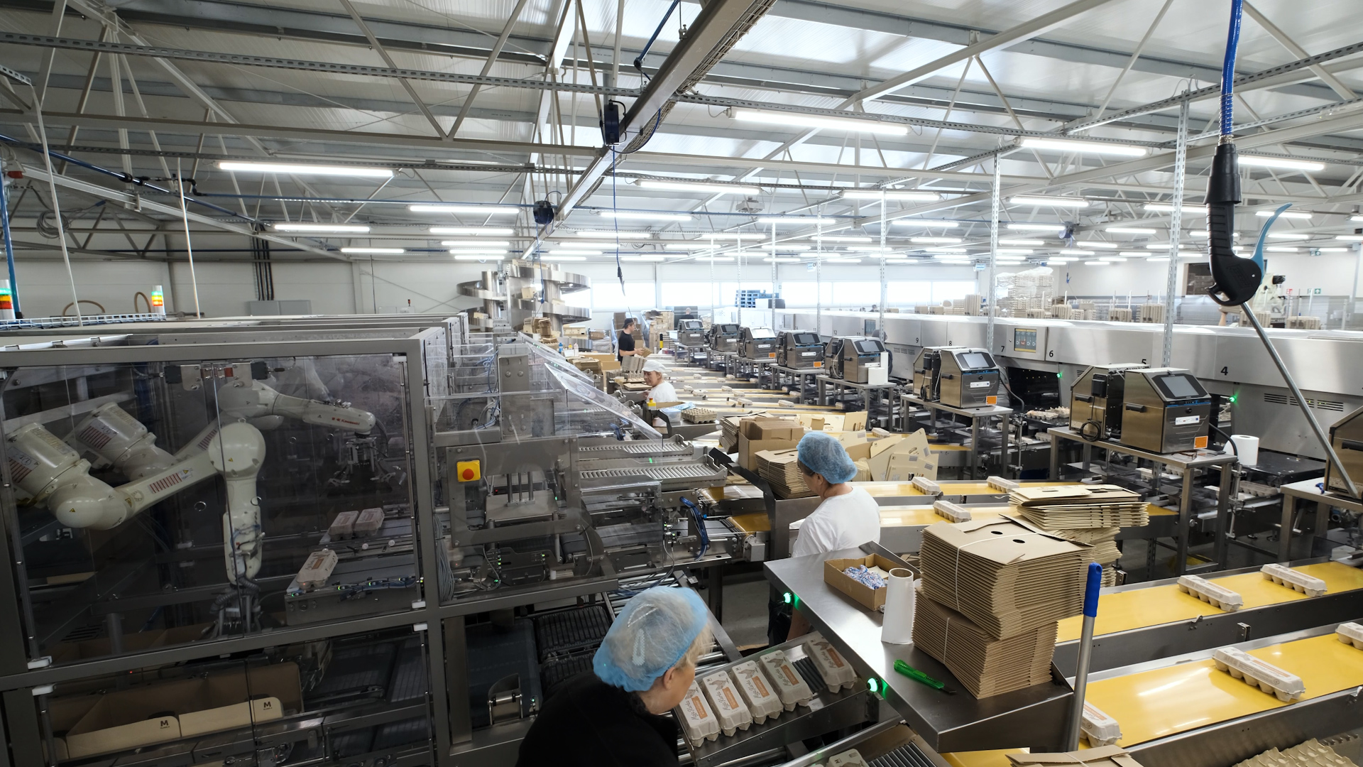 Automated egg packing line with operators and case packing equipment at Jokiel Poultry Farms.