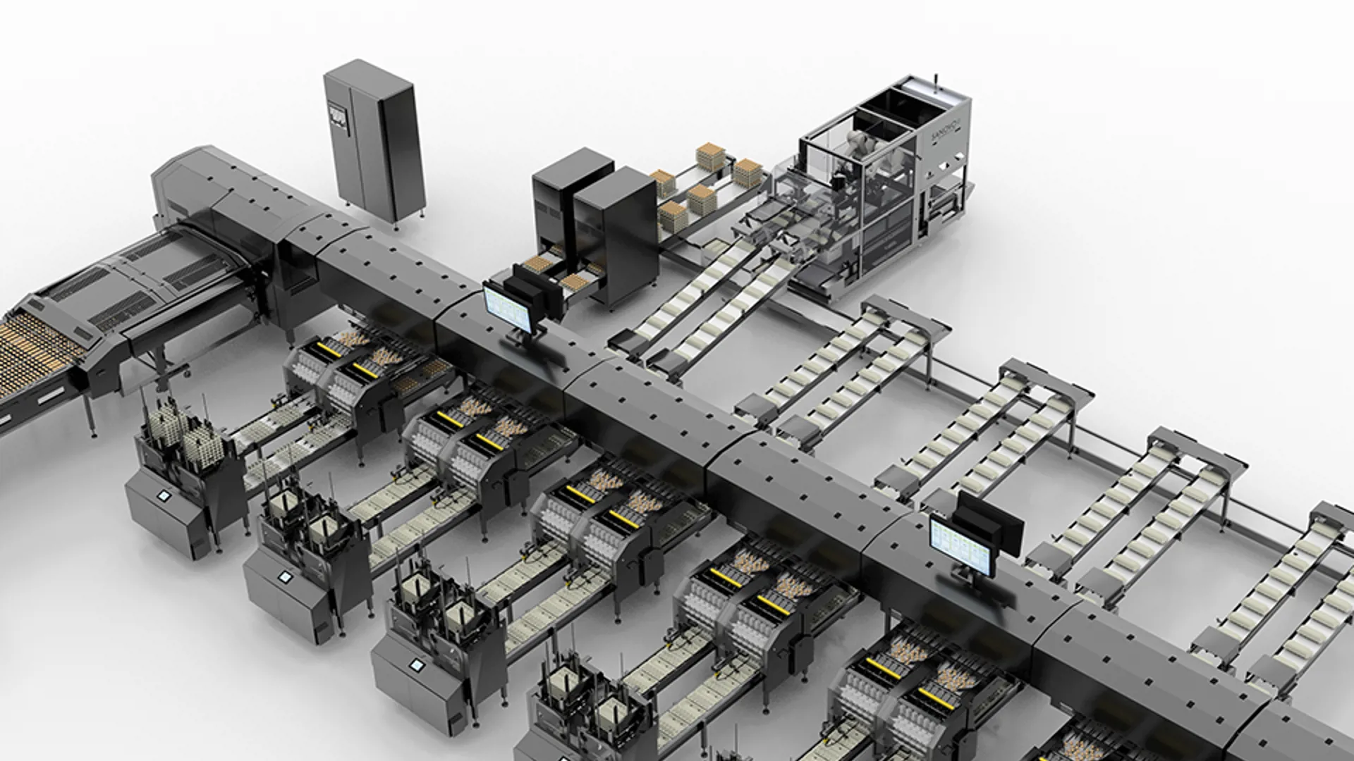 Casepacker optilines on the OptiGrader 450 egg grader machine by SANOVO TECHNOLOGY GROUP.