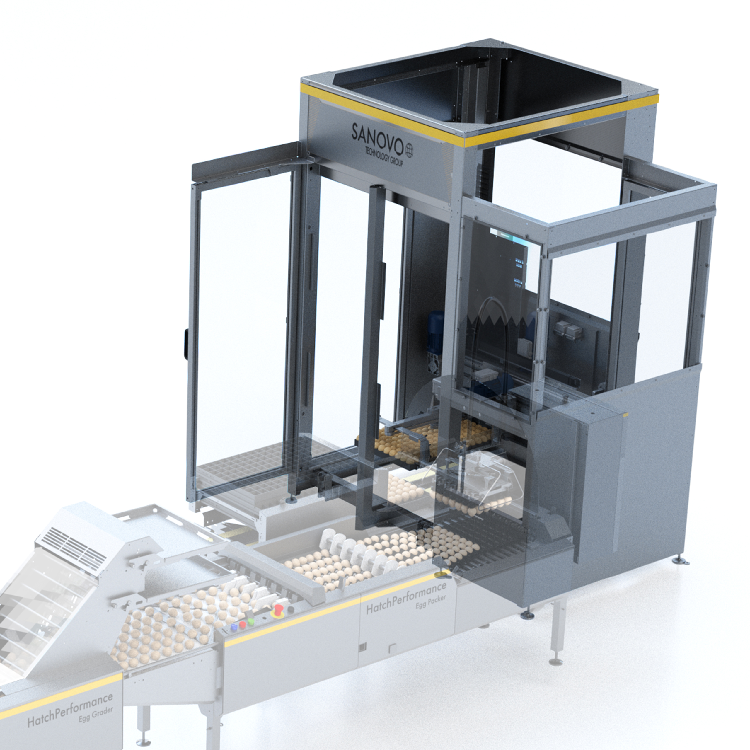 HatchPerformance Trolley Loader automating stacking of filled setter trays into hatchery trolleys.