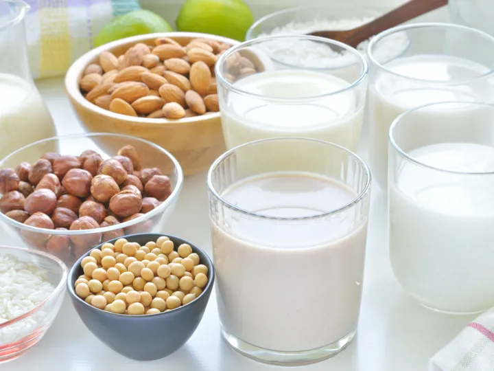 Plant-based milks with soybeans, almonds, hazelnuts, and rice.