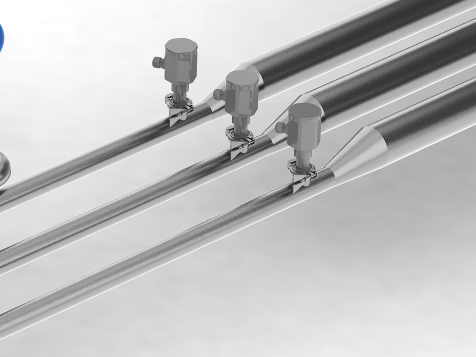 Close-up of SANOVO Liquid Egg Receiving Units for precision flow control for liquid egg processing.