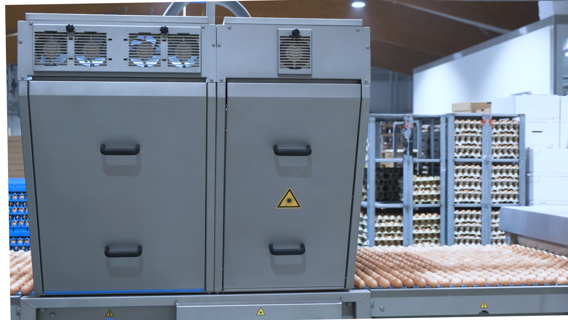 Leak and dirt detection unit on an egg grading machine by SANOVO TECHNOLOGY GROUP. 