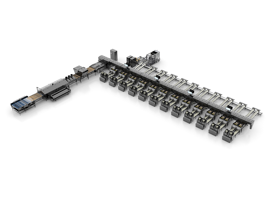 OptiGrader 707 egg grading machine with four-track system and multiple packing lanes by SANOVO TECHNOLOGY GROUP.