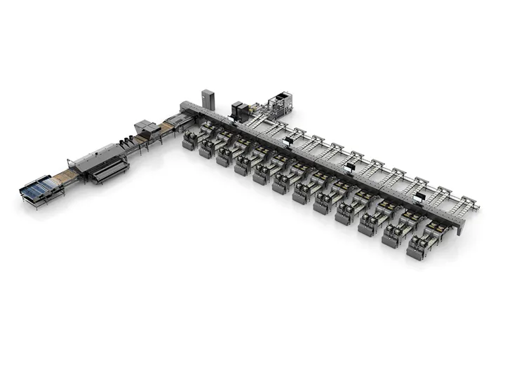 OptiGrader 707 egg grading machine with four-track system and multiple packing lanes by SANOVO TECHNOLOGY GROUP.
