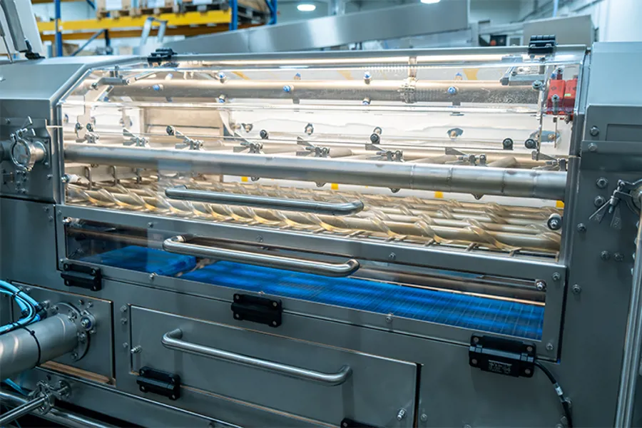 Close-up of SANOVO Cook2Peel Pro Peeler showing transparent peeling chamber and rollers.