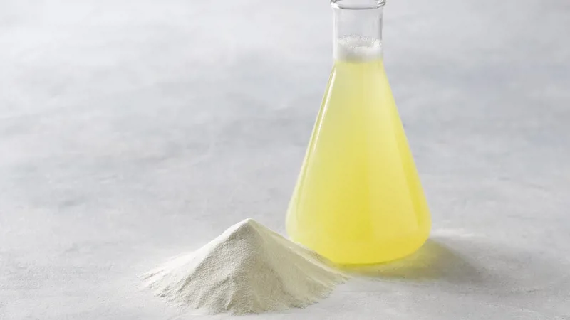 Liquid egg product in flask with powder symbolizing desugaring and improved egg products through enzymes, offered by SANOVO PROCESS SOLUTIONS.