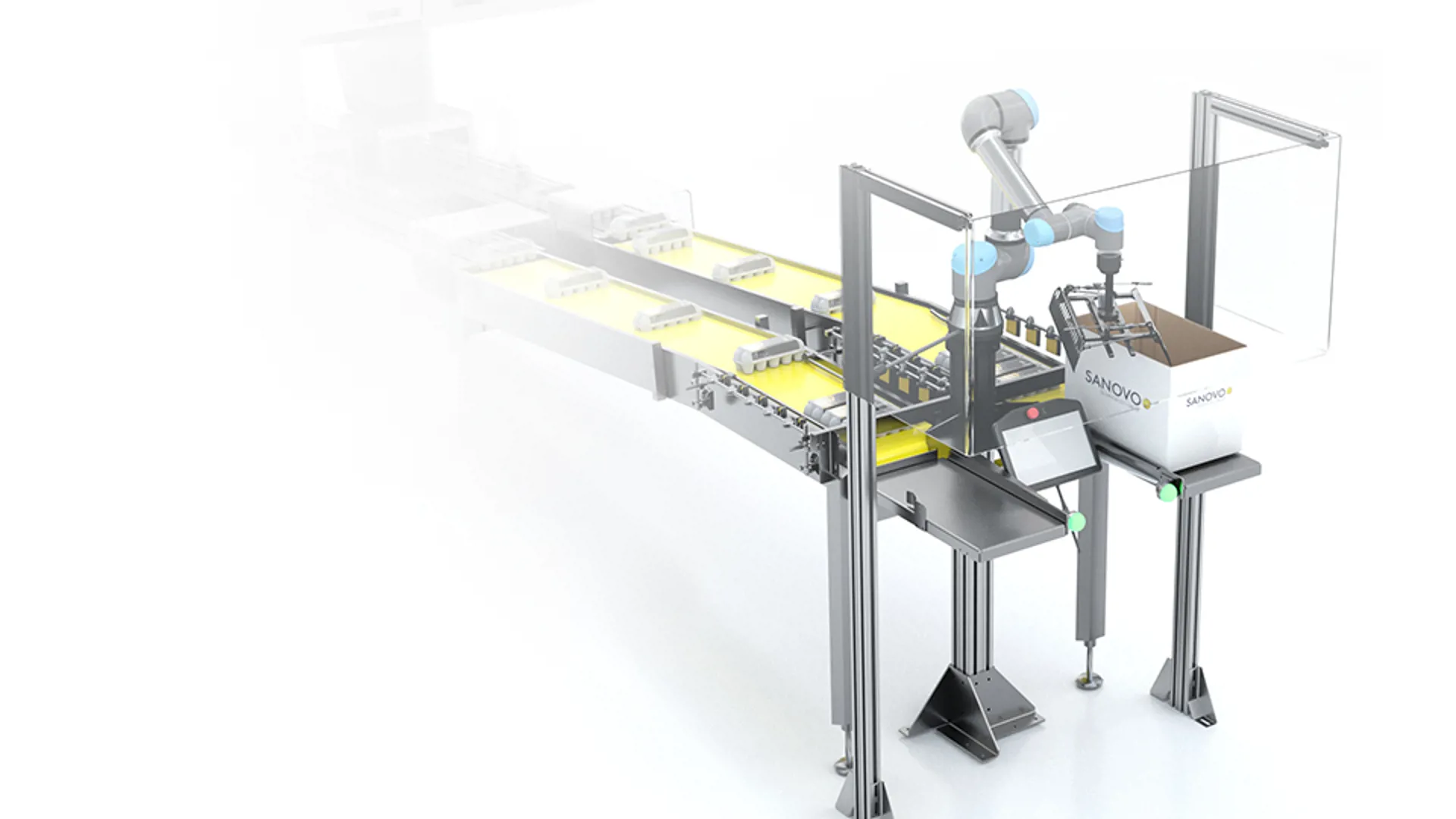 SANOVO Case Packer CoFlex egg case packer machine using a collaborative robot to load cartons for automated packing.