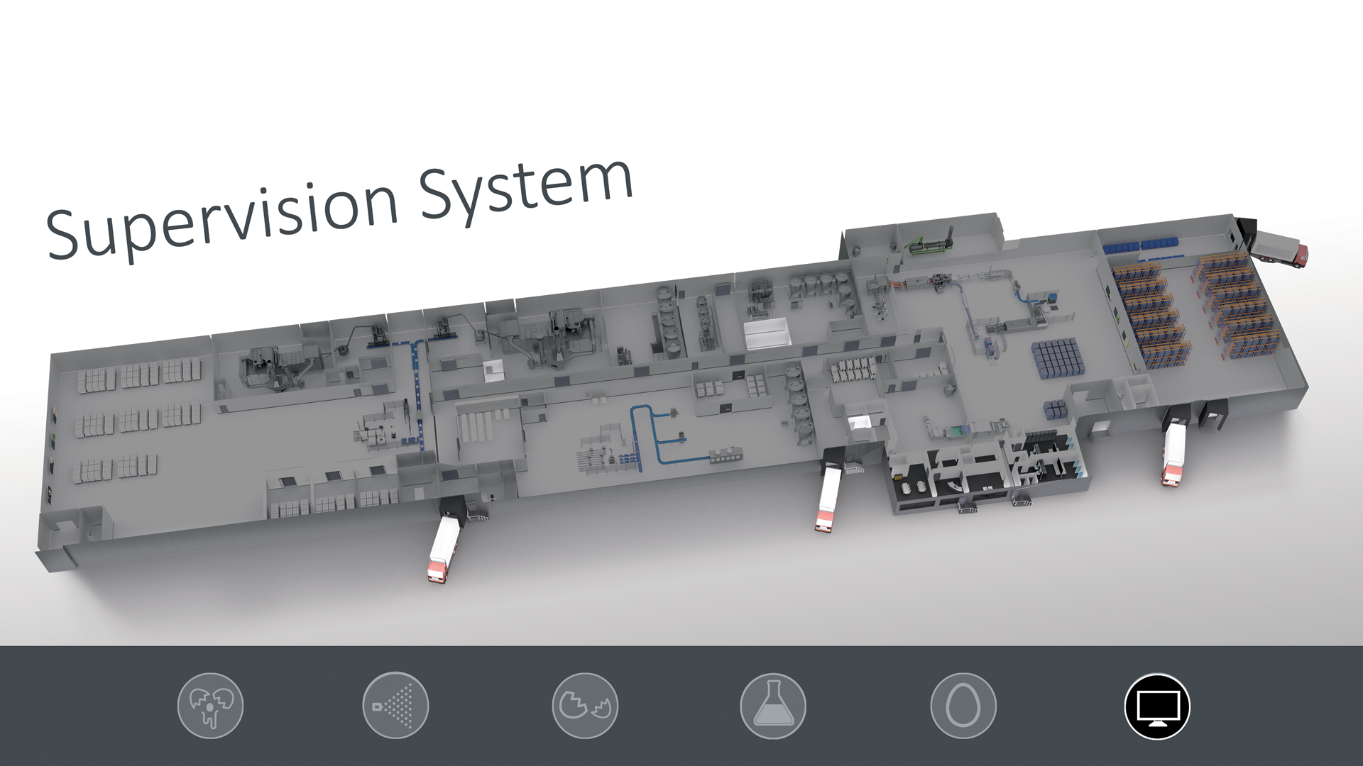 3D layout of automated liquid egg processing factory highlighting supervision system section.