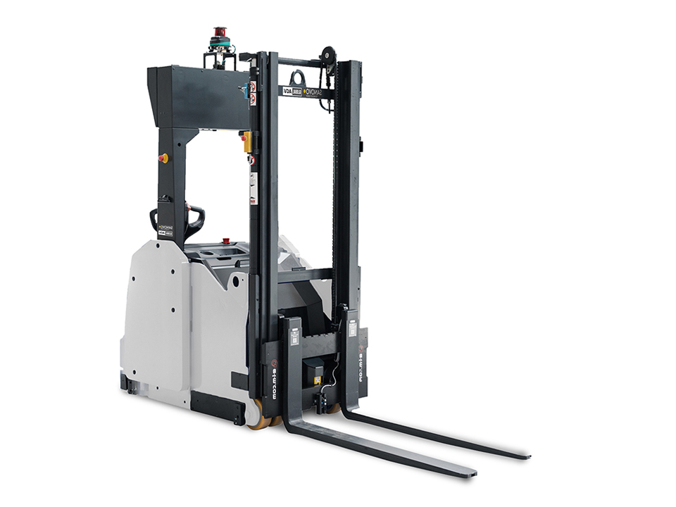 Model L-12 AGV driverless forklift for automated egg pallet transport in grading and packing facilities.