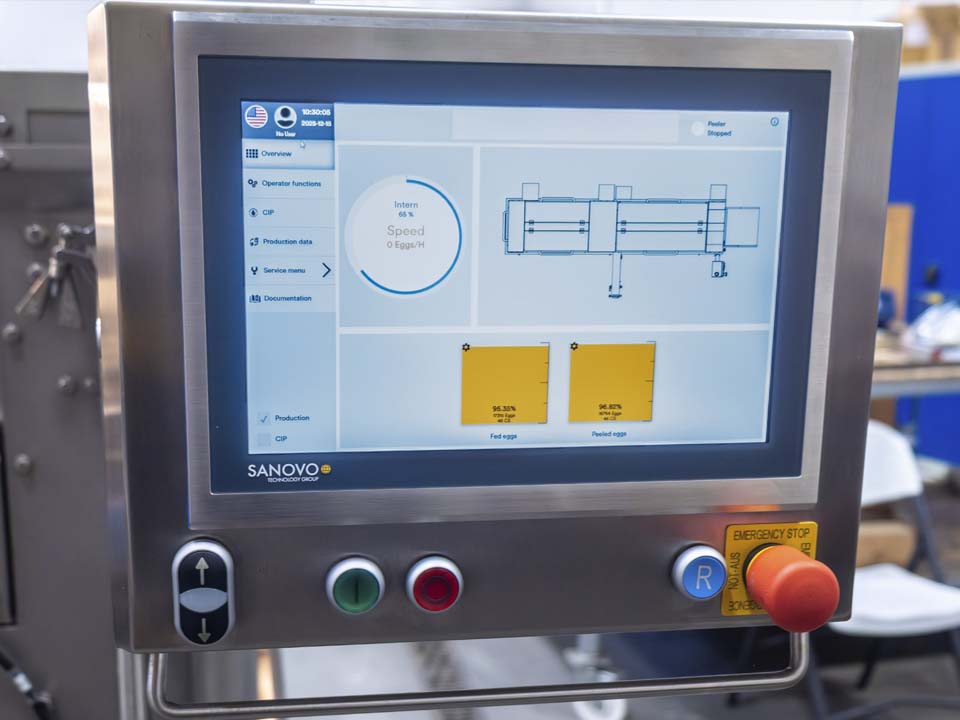 User-friendly touchscreen HMI for controlling the SANOVO Cook2Peel Pro Peeler for increased yield of soft- and hard-boiled eggs.