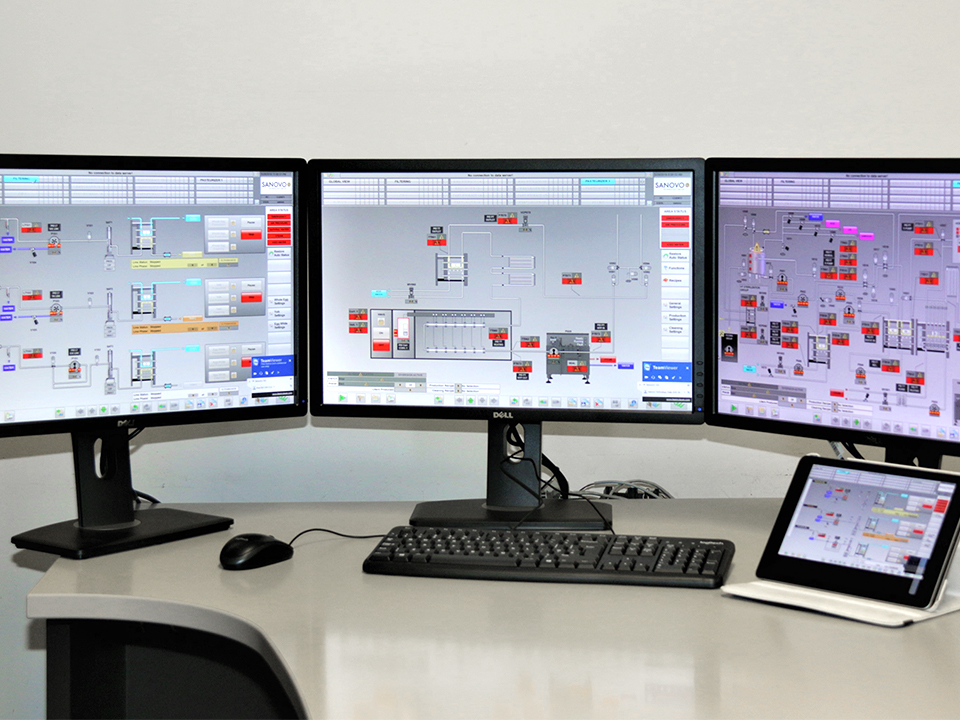 Representative equipment image on the customer-story page: SANOVO SCADA supervision system displaying liquid egg processing and CIP operations.
