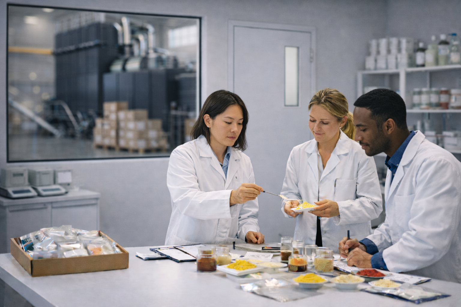 Food processing specialists evaluating powder samples during product testing in laboratory.