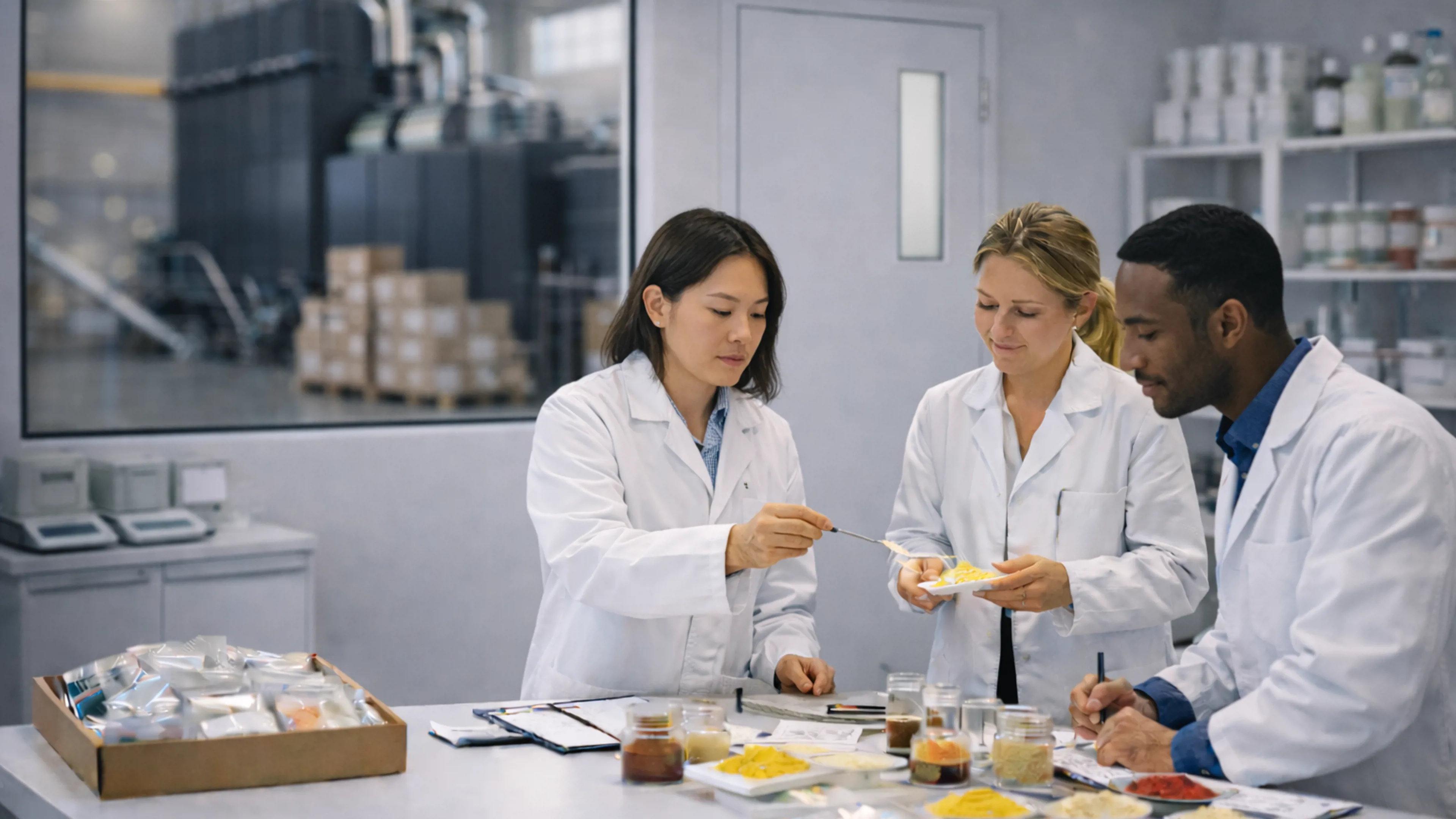 Food processing specialists evaluating powder samples during product testing in laboratory.