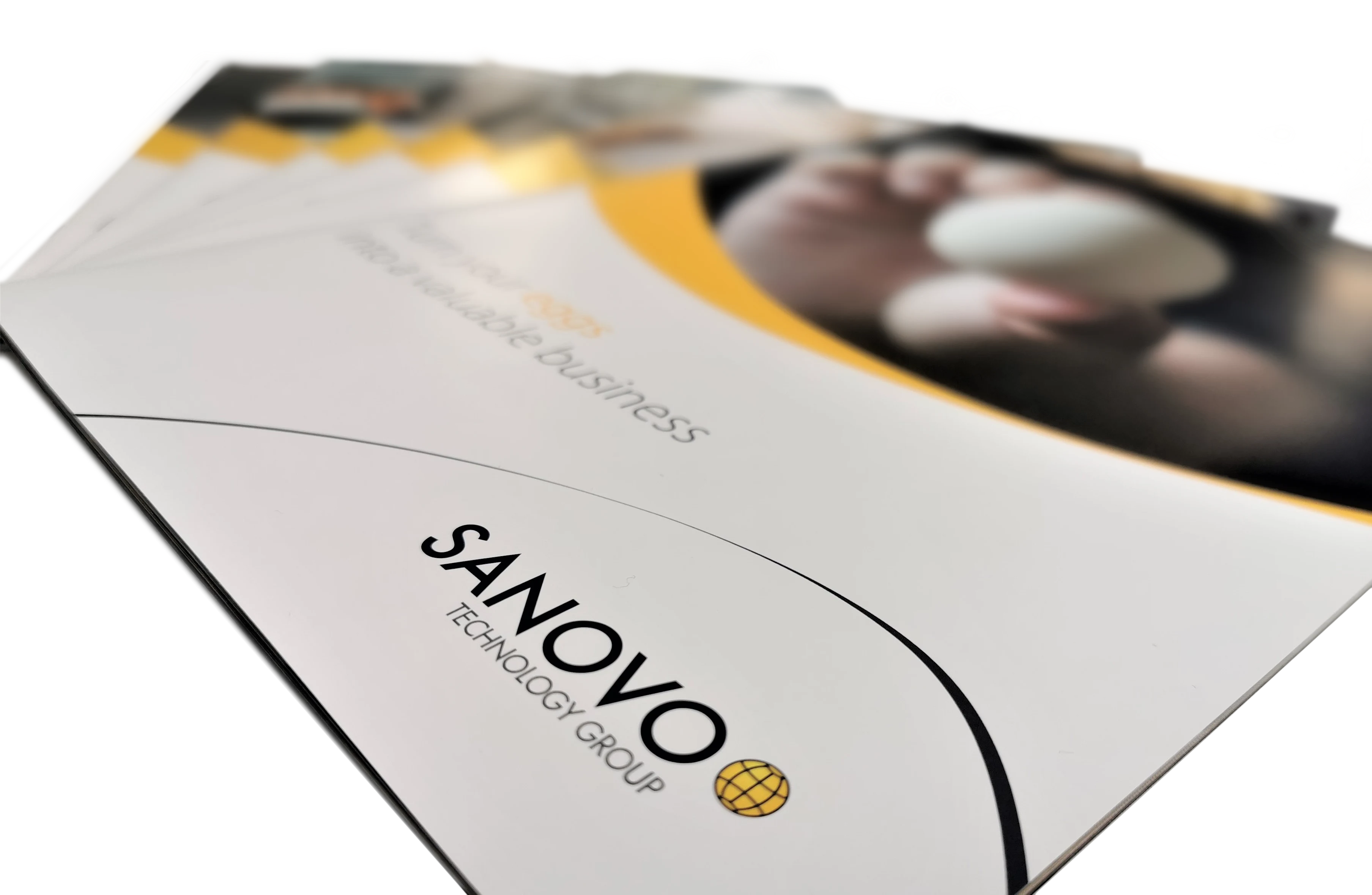 Close-up of SANOVO TECHNOLOGY GROUP brochure showcasing egg industry solutions.