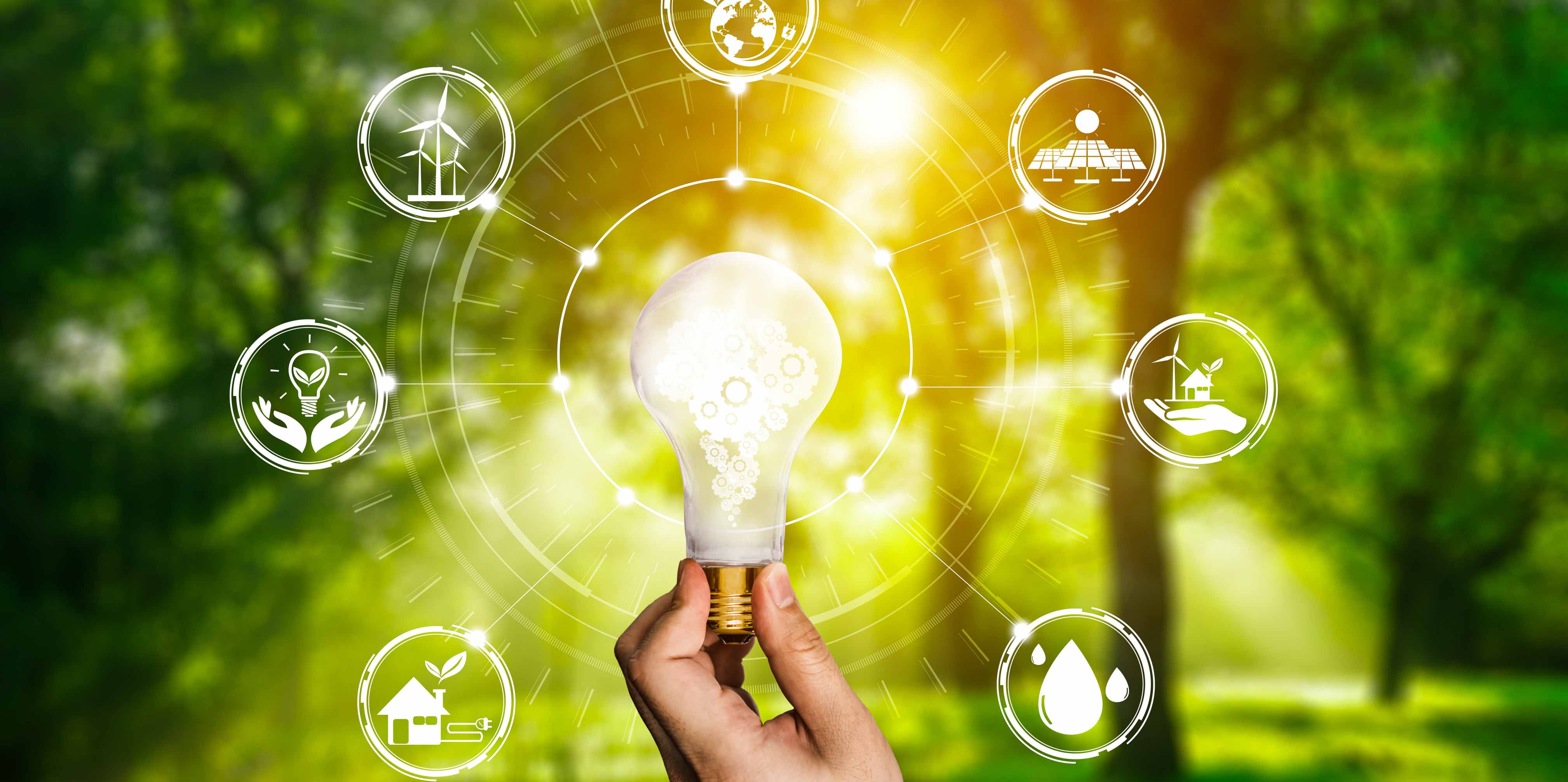 Symbolic image of sustainability and renewable energy with lightbulb and eco icons