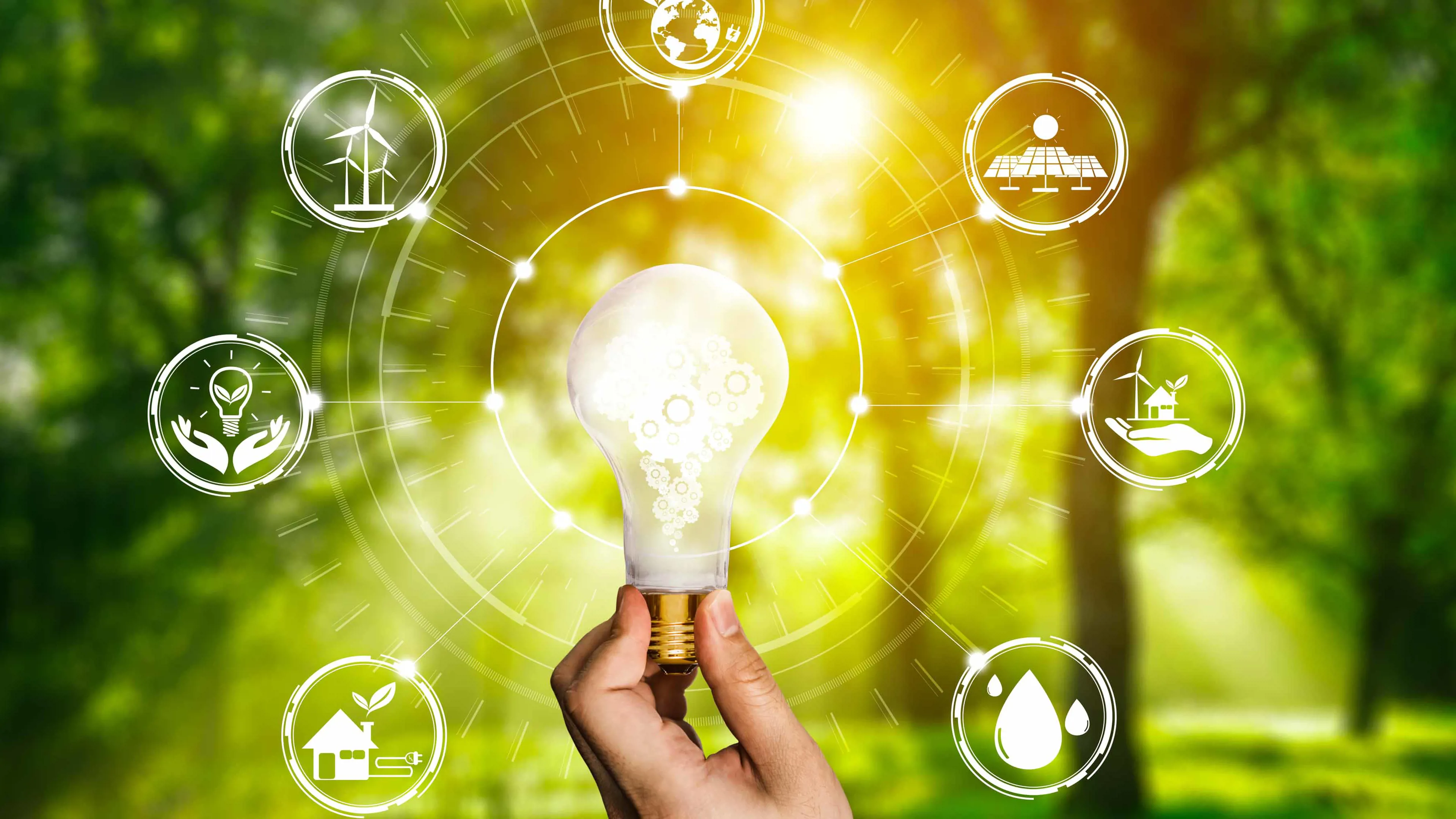 Symbolic image of sustainability and renewable energy with lightbulb and eco icons