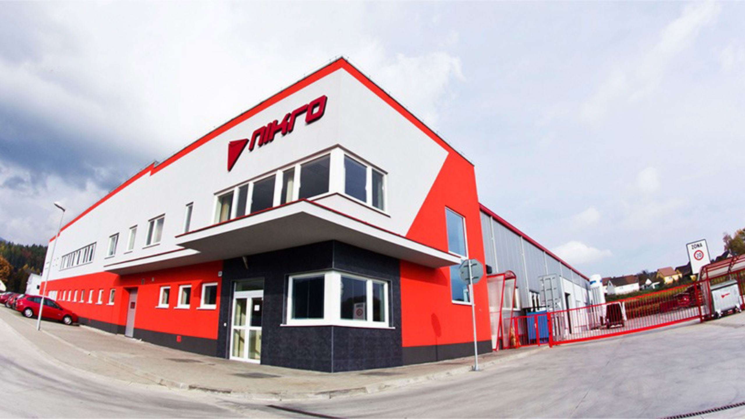 Front view of SANOVO TECHNOLOGY NIKRO factory in Dolný Kubín, Slovakia, main sub-supplier of stainless steel components for egg processing equipment.