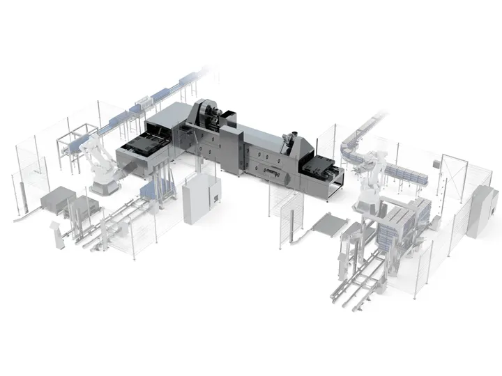 Layout of the SANOVO Pallet Washer showing the full cleaning line with loading, washing, and unloading sections.