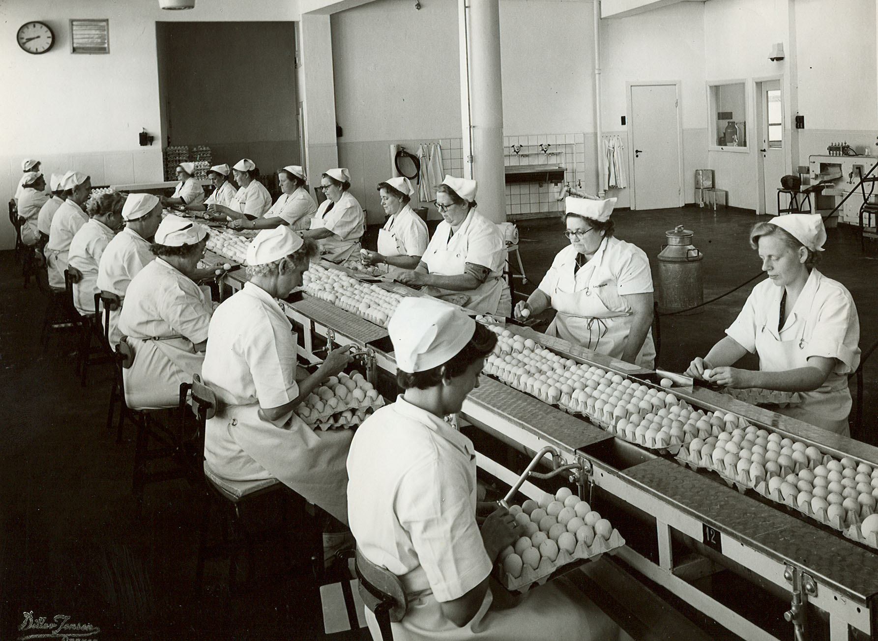 Workers manually breaking eggs on a production line before automation