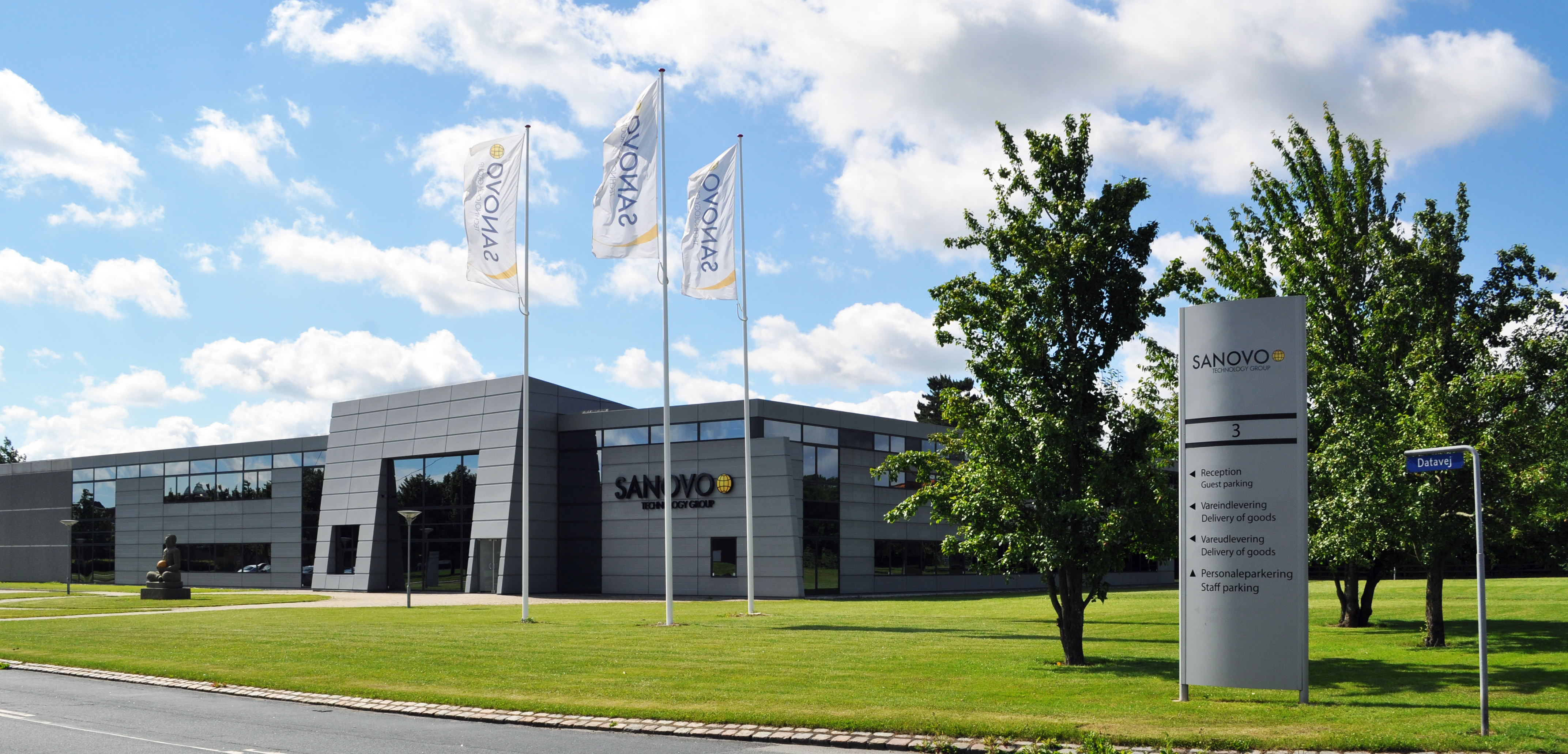 Front view of SANOVO TECHNOLOGY GROUP headquarters in Denmark, global leader in egg processing equipment.