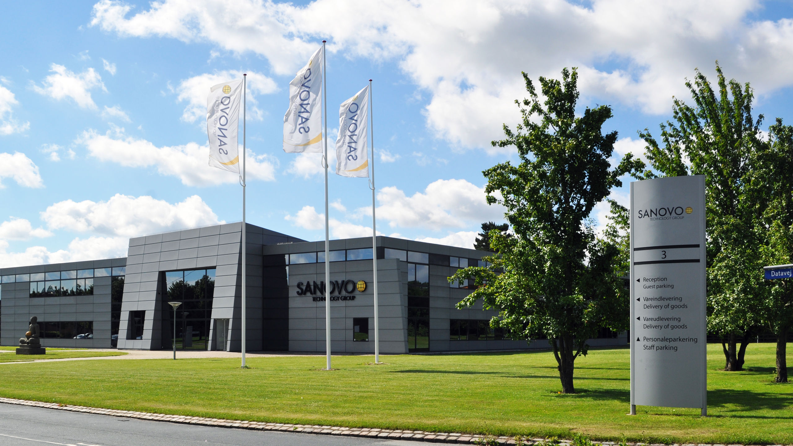 Front view of SANOVO TECHNOLOGY GROUP headquarters in Denmark, global leader in egg processing equipment.