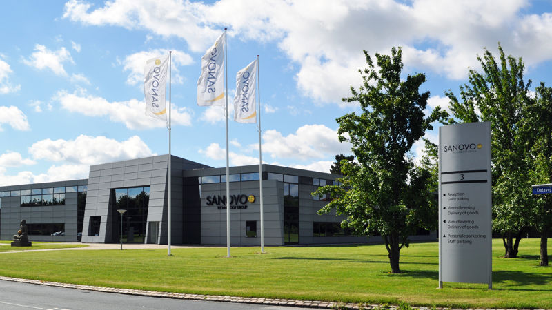 Front view of SANOVO TECHNOLOGY GROUP headquarters in Denmark, global leader in egg processing equipment.