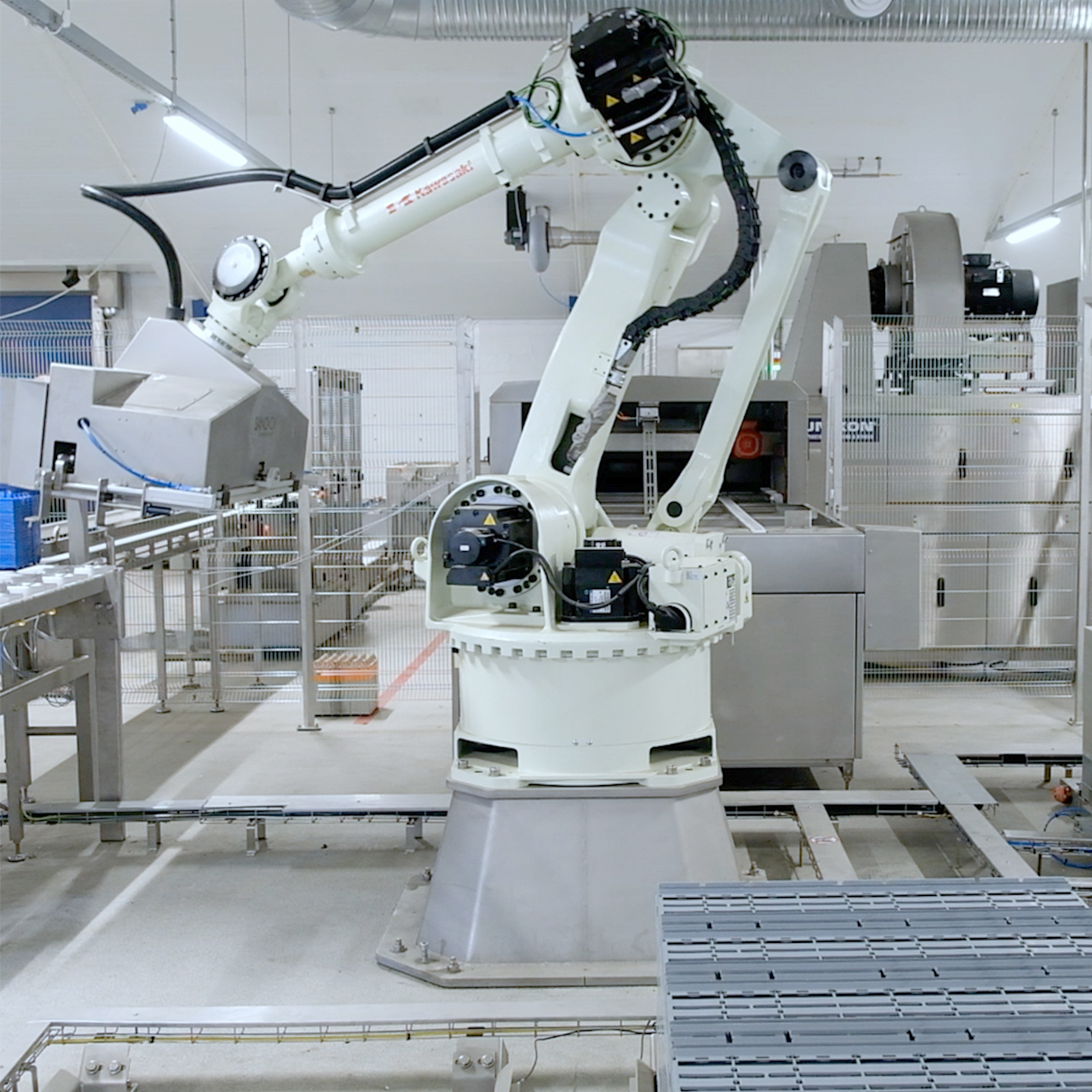 Robotic arm handling pallet components inside an automated cargo palletizing and washing line.