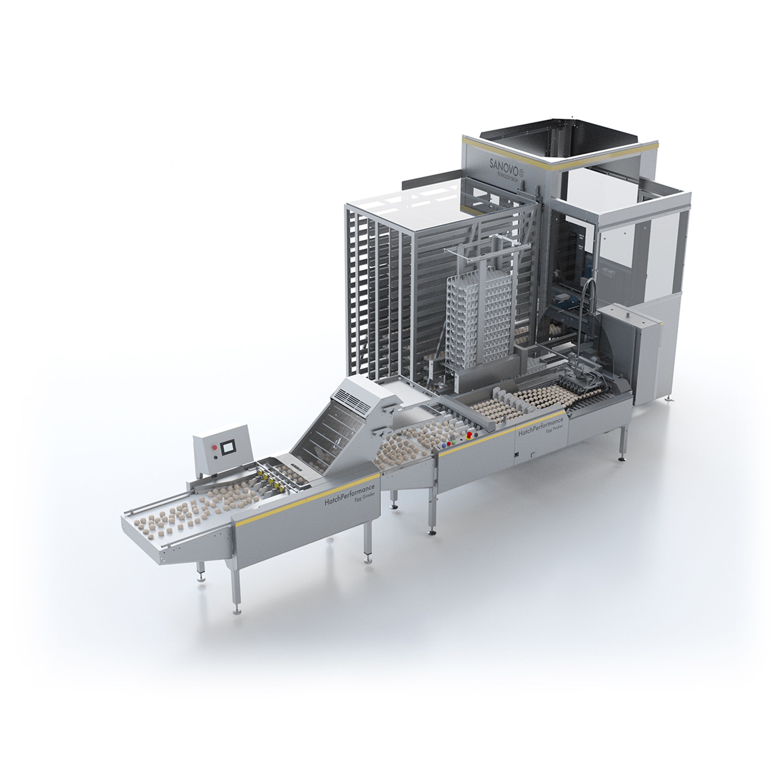 HatchPerformance system combining egg grading, gentle packing, and automated trolley loading.