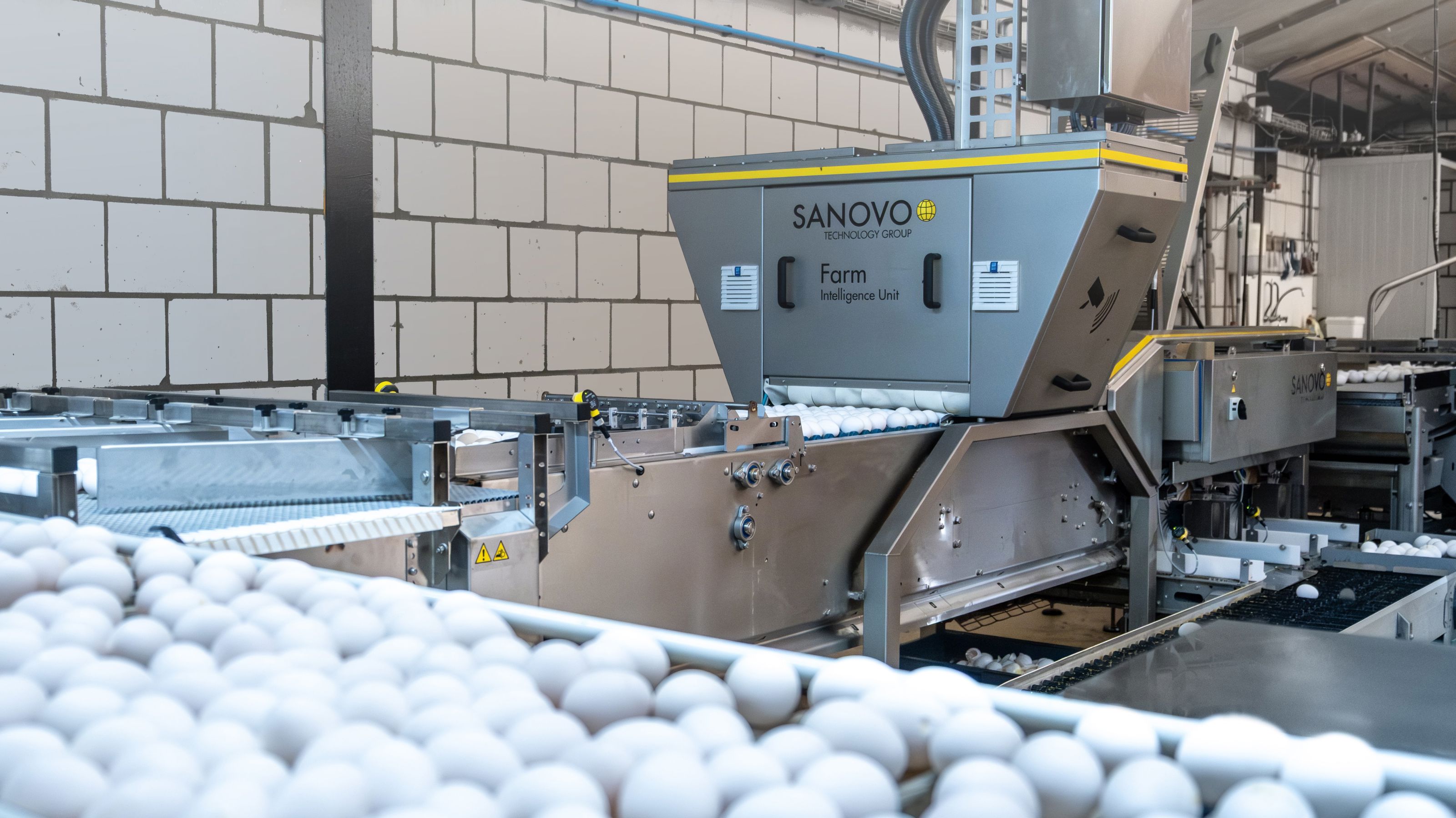 SANOVO Farm Intelligence Unit inspecting eggs on a conveyor with AI-powered vision system.