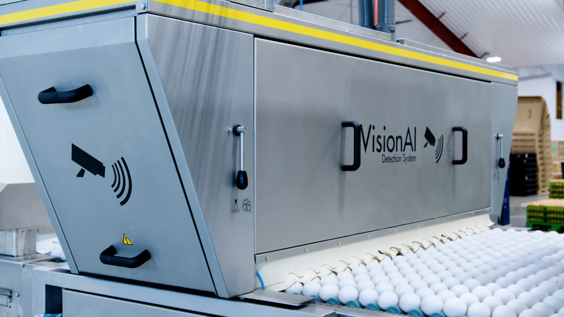 Close-up of VisionAI system that uses vision weighing and crack & leak detection for better egg grading.