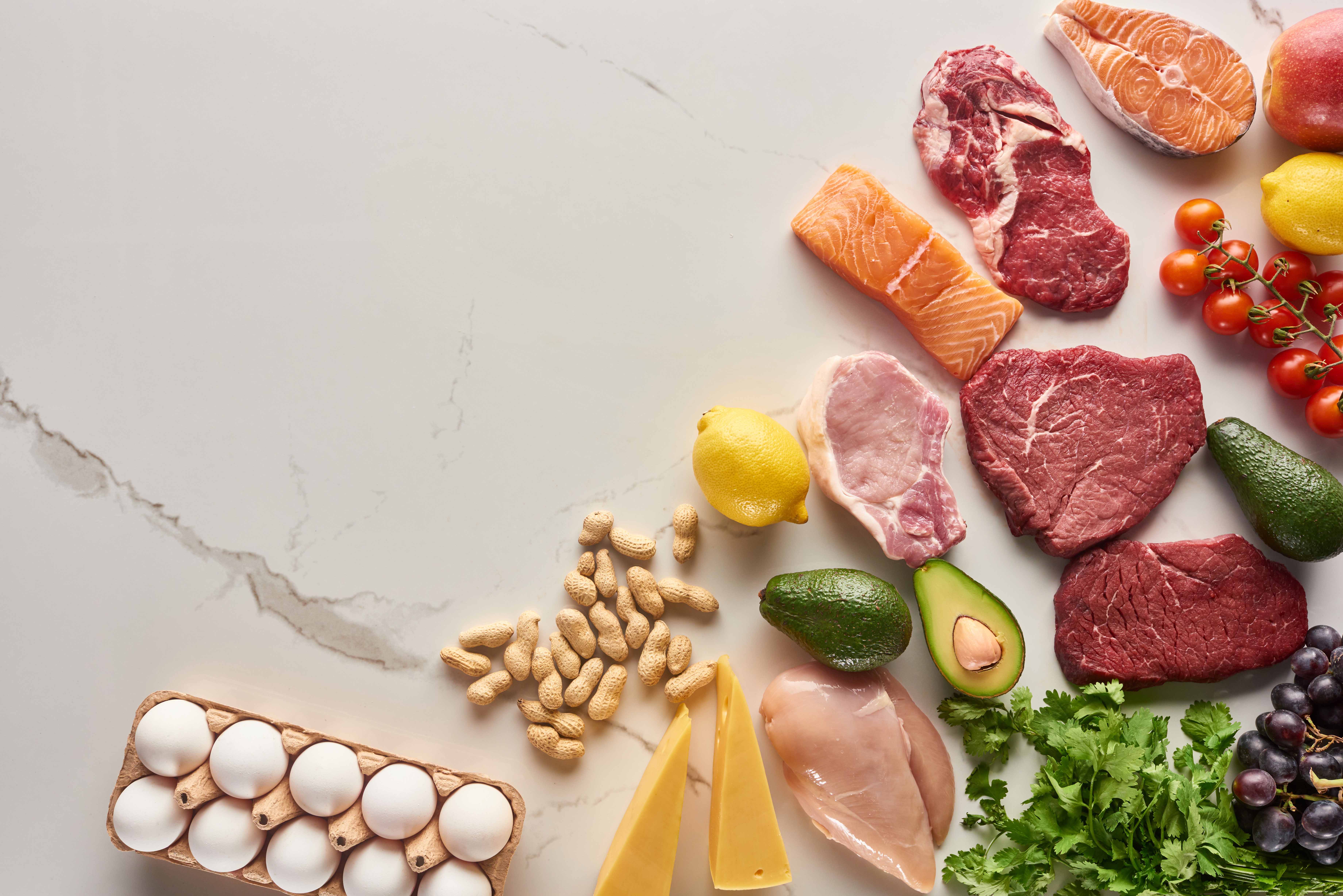 High-protein foods such as eggs, dairy, meat, fish, nuts, and vegetables.