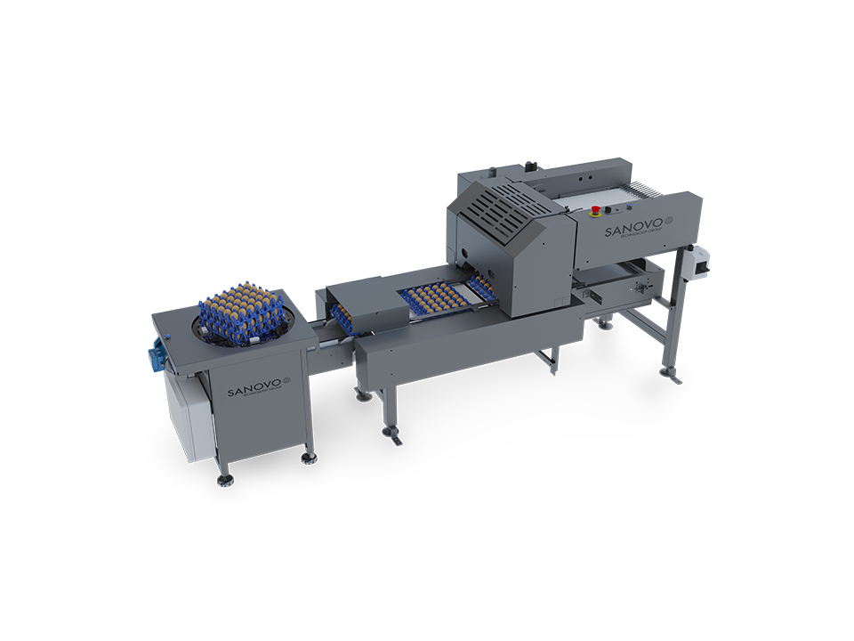 SANOVO Traystacker SX20 automating egg tray stacking in a compact footprint with circular stacking table.
