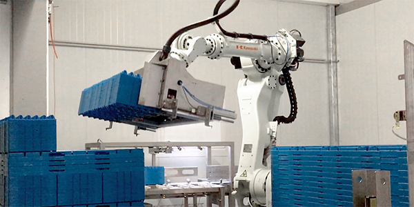 Representative equipment image on the customer-story page: Robotic cargo palletizer stacking egg trays in automated egg handling and processing facility.