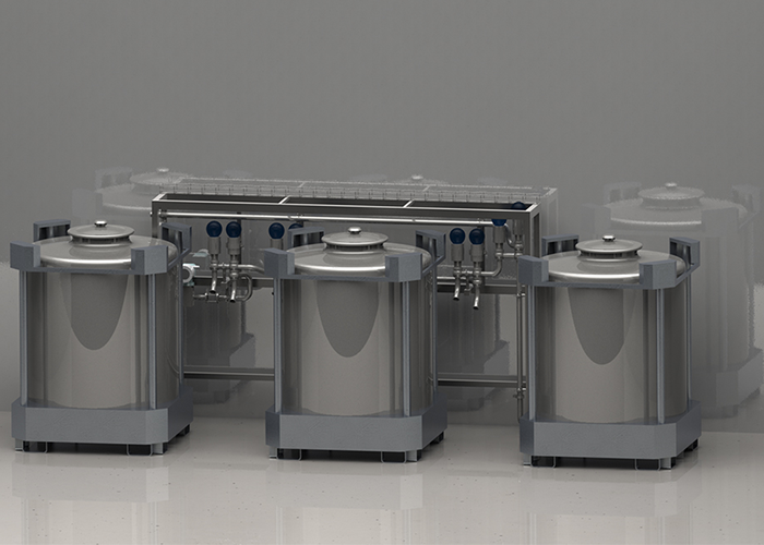 SANOVO automated liquid egg container filling line with multiple filling stations.