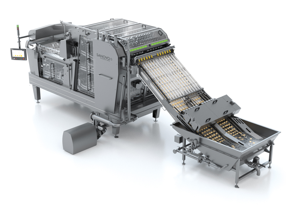 SANOVO water-based egg loader gently lifting eggs from the water vat onto the egg breaker infeed.