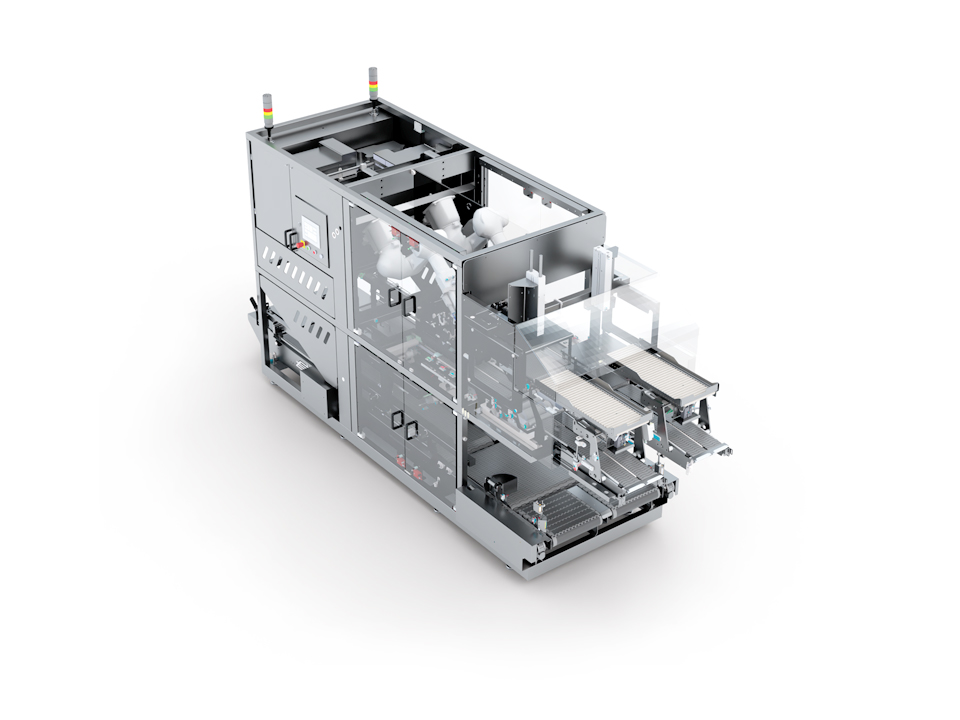 SANOVO Case Packer Twin egg case packer machine with two-lane packing of cartons for automated case packing.