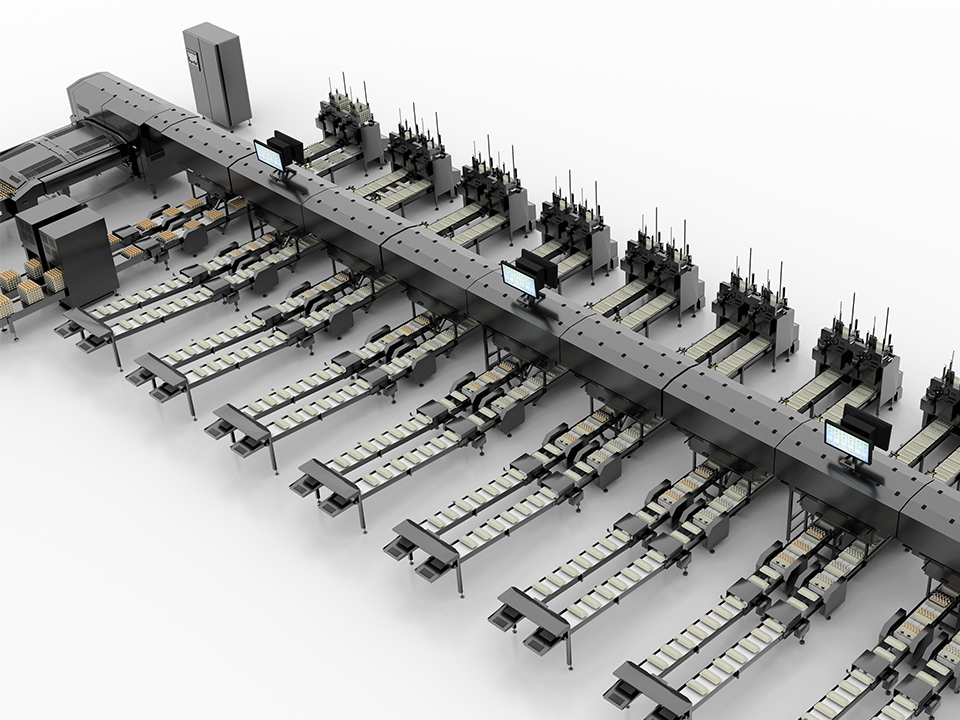 Packing lane layout on the OptiGrader 707 inline egg grading machine by SANOVO TECHNOLOGY GROUP.