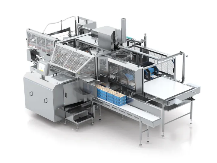 SANOVO Optiloader Plus 18C loading eggs from trays onto a conveyor for grading.