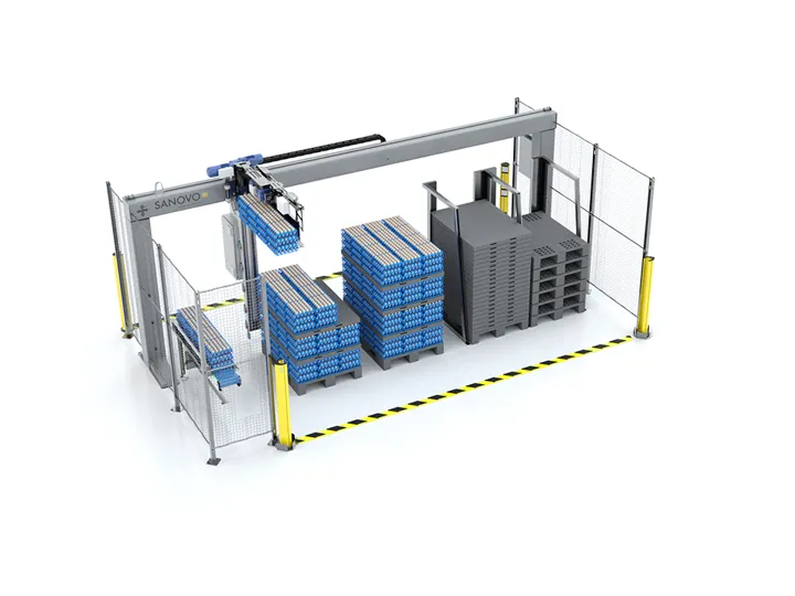 SANOVO Stack Palletizer automating palletizing of egg trays.