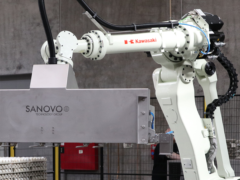 Robotic egg palletizer with SANOVO lifting head handling stacked trays in an automated palletizing system.