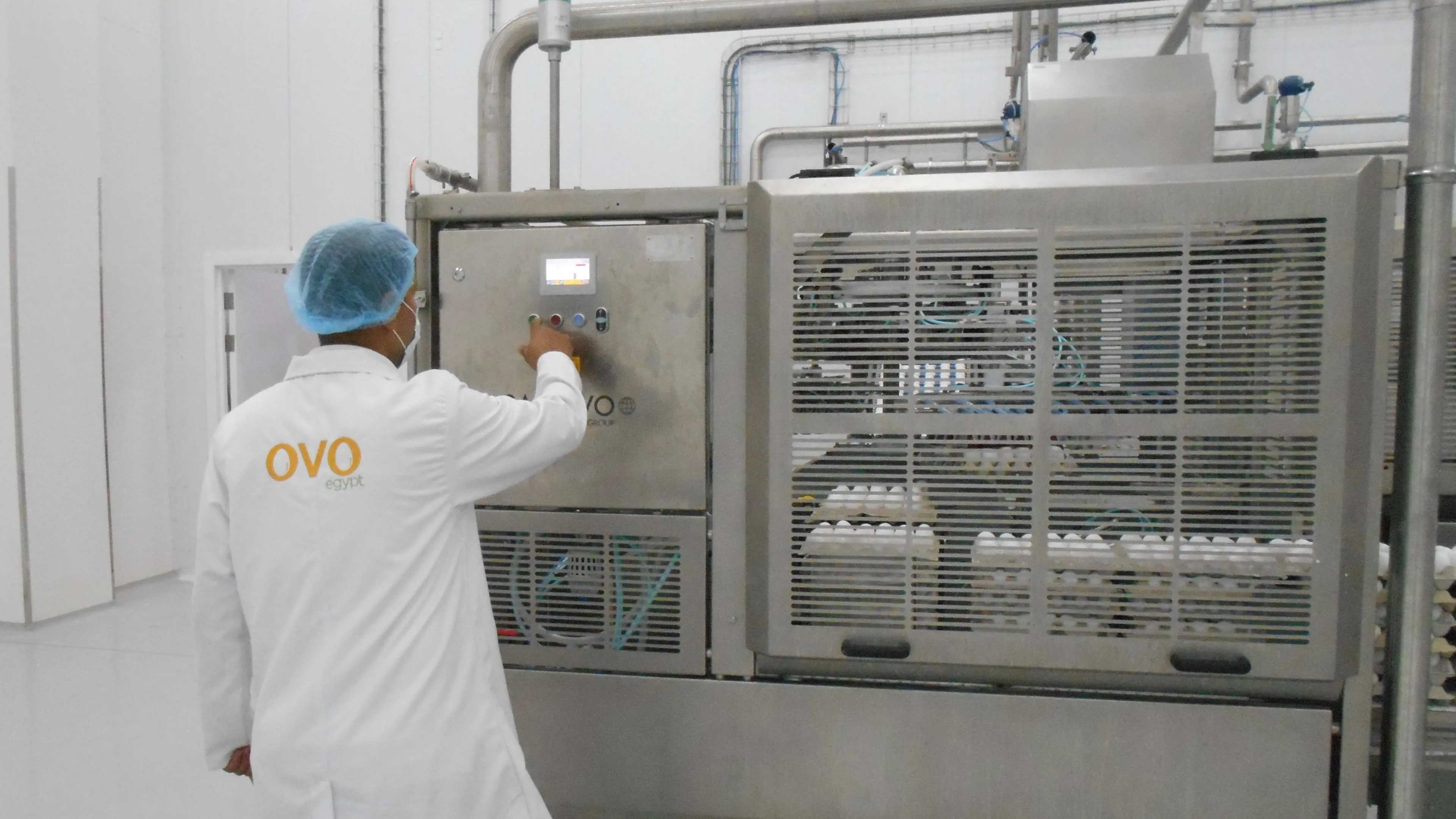 Operator monitoring SANOVO automated egg breaking equipment at OVO Egypt liquid egg processing facility.