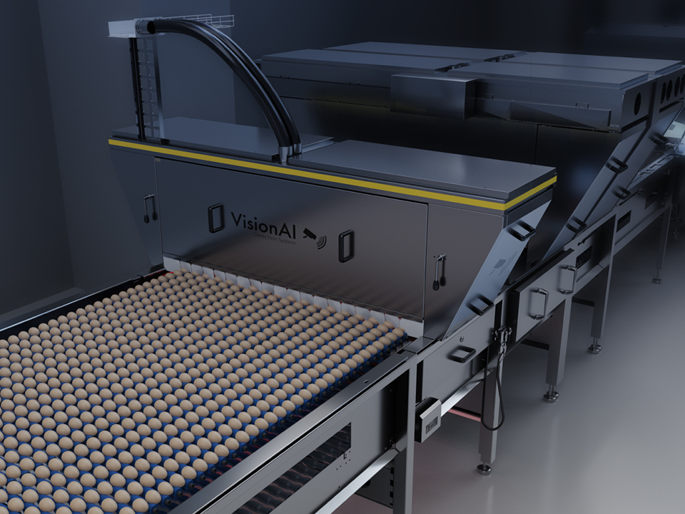 VisionAI crack detection and vision weighing module inspecting eggs on an egg grading line by SANOVO TECHNOLOGY GROUP.