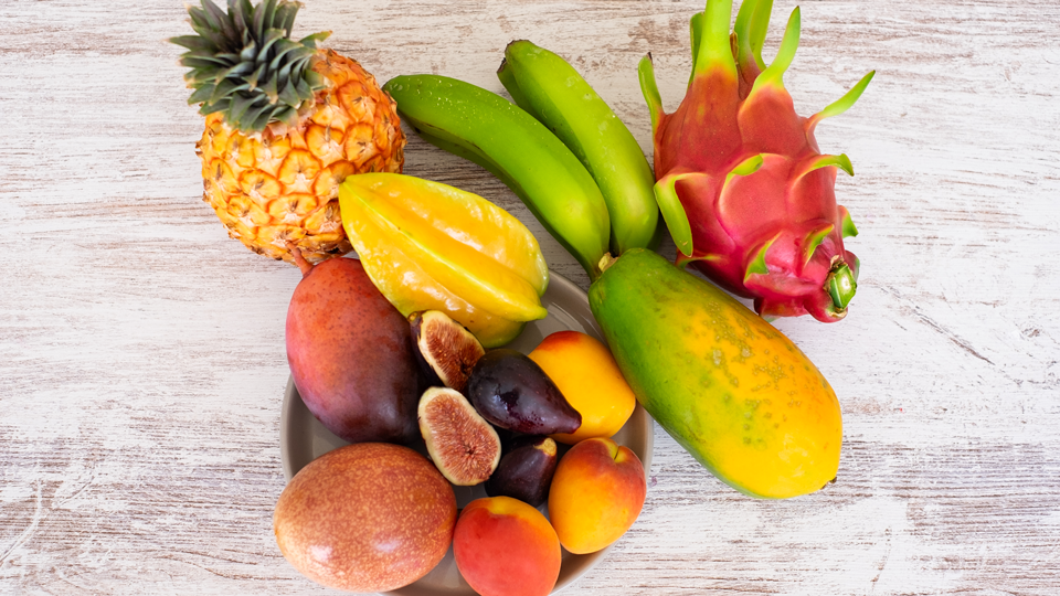 Fresh tropical fruits used to produce premium fruit powder ingredients with spray drying technology.