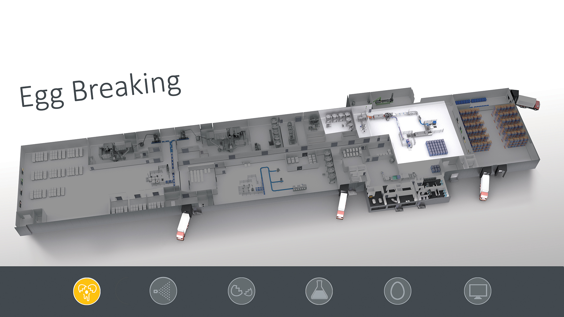 3D layout of automated egg processing factory highlighting egg breaking section.