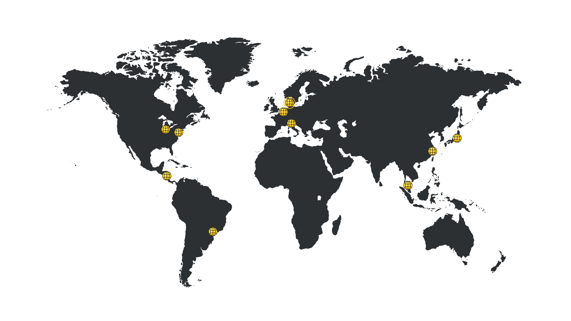 World map with SANOVO locations marked with a yellow globus. 