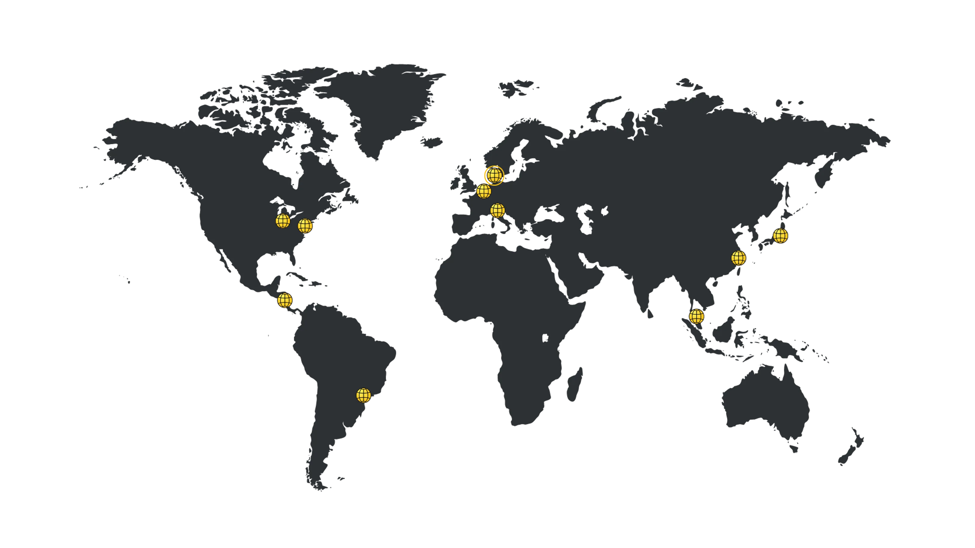 World map with SANOVO locations marked with a yellow globus.