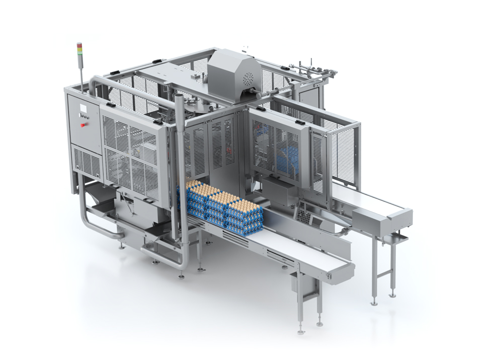 OptiLoader Plus 6C egg loading machine transferring eggs from trays to a grading line.