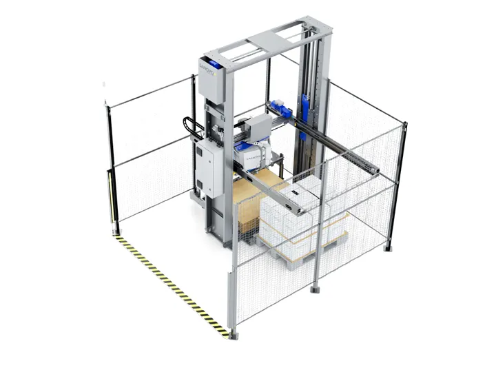 SANOVO Case Palletizer 300 – automated robotic palletizing system stacking cartons on pallets for efficient egg packaging operations.