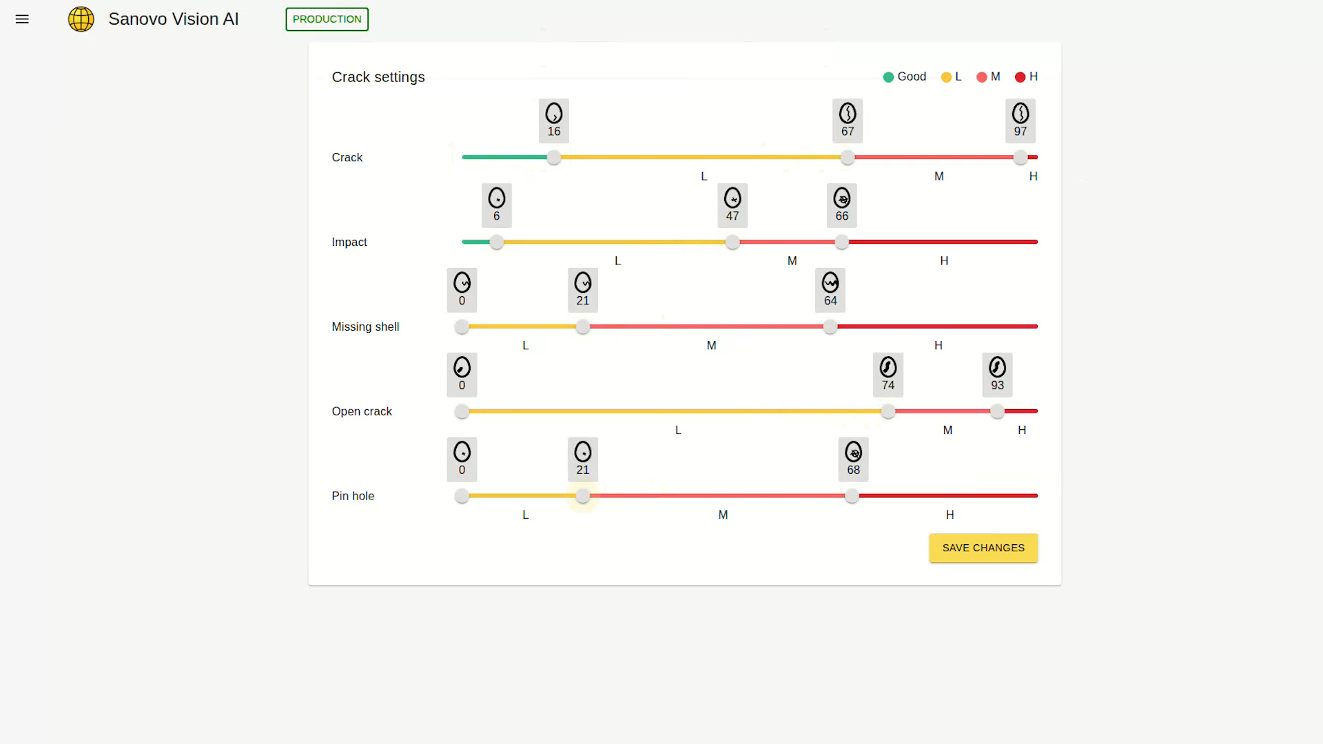 Interface on Farm Intelligence Unit by SANOVO TECHNOLOGY showing automated egg rejection settings.